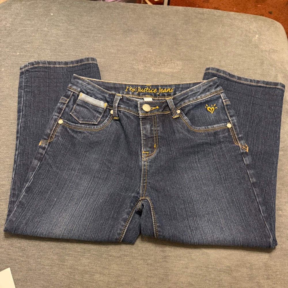 Justice‎ Girls Dark Wash Denim Capri Jeans Yellow Heart Embroidery Cropped Pants